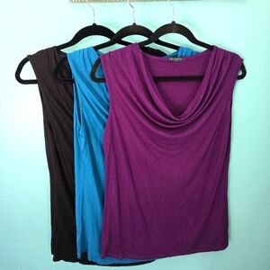 Black, teal, and purple cowl neck sleevless tops